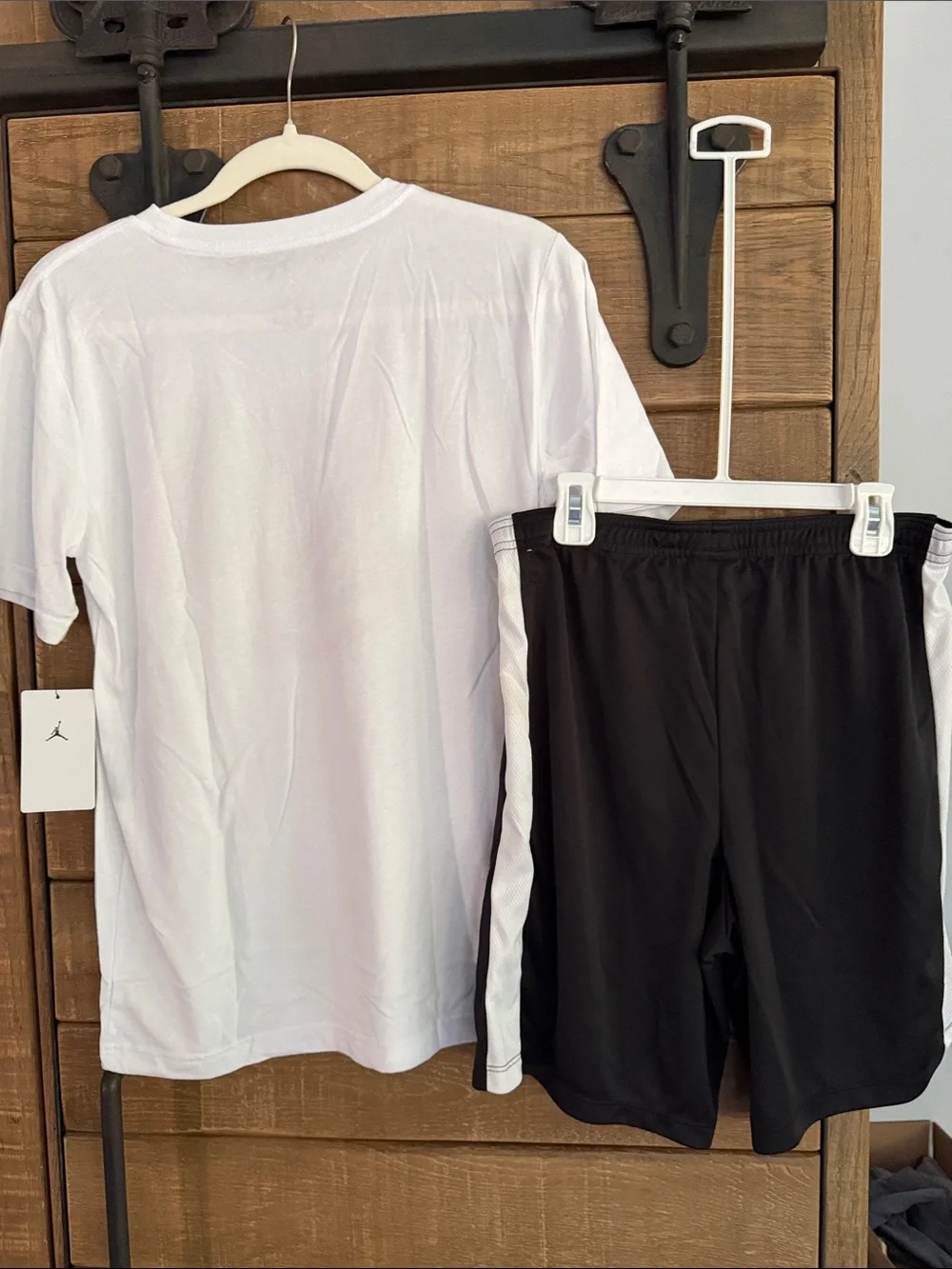 Nike youth Black Athletic Shorts with White Stripe and matching Jordan tshirt